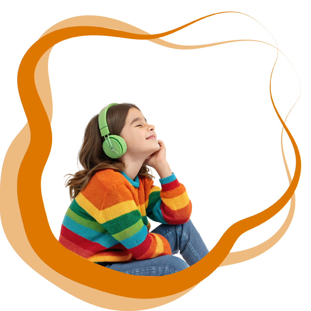 A child listening to an aventu story with headphones